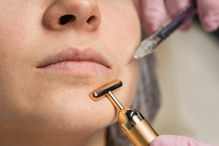 contour plastic. A cosmetologist injects a botulinum toxin to tighten and smooth out wrinkles on the...