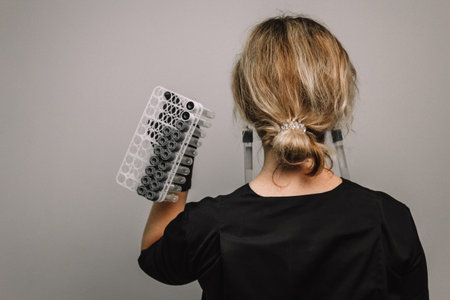 Empty test tube in a glass flask in the hands of a scientist or cosmetologist. Black gloves on a...