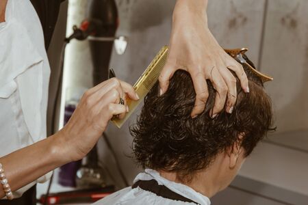 Closeup of a hairdresser cuts the wet brown hair of a client in a salon. Hairdresser cuts a woman. Side view of a hand cutting hair with scissorsの写真素材