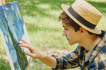 a young guy in a straw hat sits in the park in front of an easel and paints a picture with oil...
