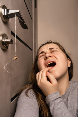 The girl is holding a thread to pull out a tooth. Extraction of a tooth in an adult. dental care....