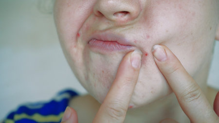 Close up of skin problems, unhealthy skin with acne and pimples. Porous, demodex and rosacea, red...