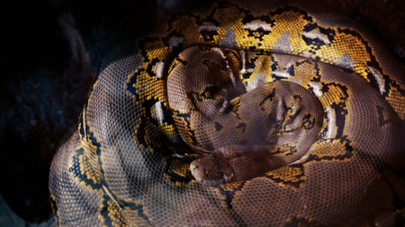 A scaly large reticulated python coiled up in a knot and waits for a victim. A beautiful pattern on the skin shimmers with a rainbowの写真素材