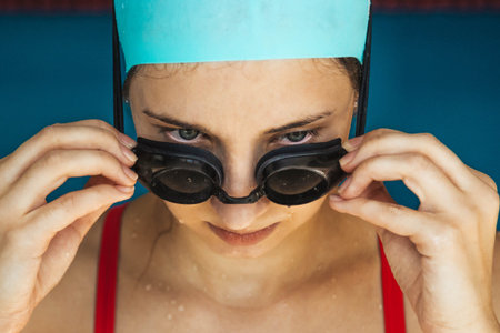 Extreme close-up shot of a Caucasian girl head with a swimming cap and hands putting swimming...