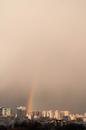 Double rainbow against the sunset sky. Leprechaun at the end of the rainbow. Rainbow as a concept of fantastic money. Pot of gold. St.Patrick's Dayの写真素材