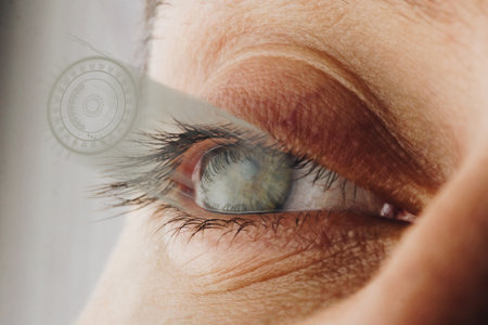 Eye with a futuristic vision of a person, control and protection of people, access control and security. Concept: DNA system, science and technology, artificial intelligence. Scanning, security, technology, virtualの写真素材