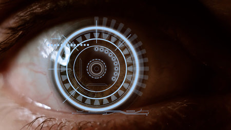 Eye with a futuristic vision of a person, control and protection of people, access control and security. Concept: DNA system, science and technology, artificial intelligence. Scanning, security, technology, virtualの写真素材