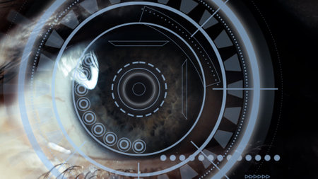 Eye with a futuristic vision of a person, control and protection of people, access control and security. Concept: DNA system, science and technology, artificial intelligence. Scanning, security, technology, virtualの写真素材