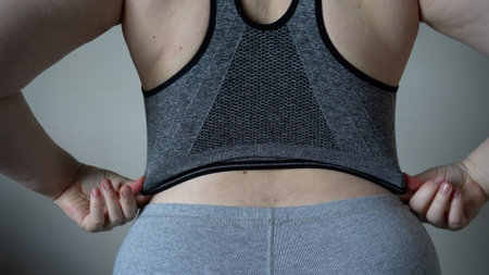 Close-up of fat folds on the large belly of an overweight woman. Concept of overweight, female obesity, dieting and overweight problems.の写真素材