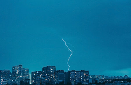 Picturesque view of lightning, hunderstorm over the City.の写真素材
