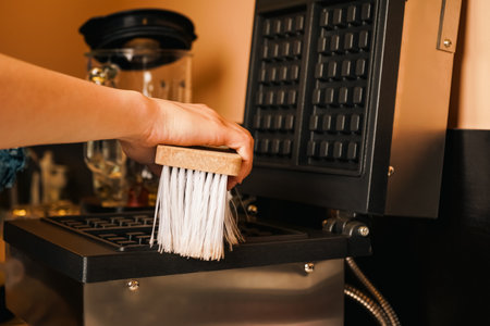 Cleaning kitchen. Dirty waffle maker with burnt batter to the surface. The work surface of an old electric waffle iron. Cleaning waffle maker.の写真素材