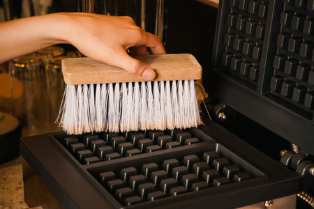 Dirty waffle maker with burnt batter to the surface. Filthy waffle maker. The work surface of an old electric waffle iron. Cleaning waffle maker. Cleaning kitchen.の写真素材