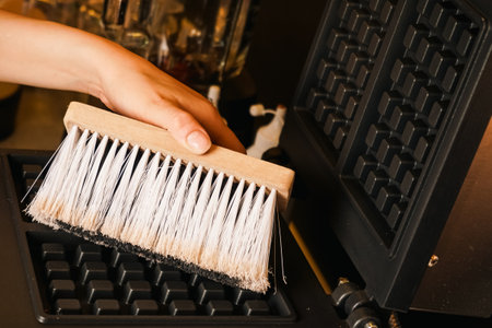 Work surface of an electric waffle maker. Waffle maker with burnt batter to the surface. Cleaning waffle maker. Cleaning kitchen.の写真素材