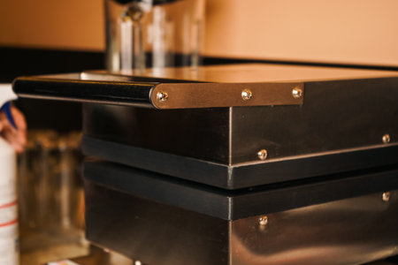 Kitchen appliances. Closed gray waffle maker. Isolated on neutral background.の写真素材