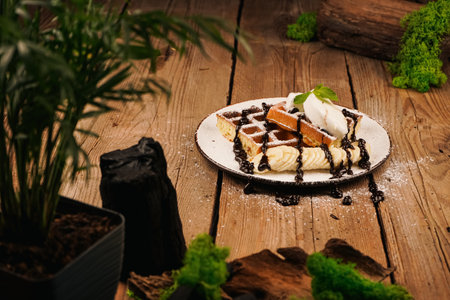 Cooking process. Served with ice cream. Belgian waffles with banana, ice cream and chocolate on top. Sweet dessert waffles. Delicious dessert for tea time. Mint on top of dessert.の写真素材