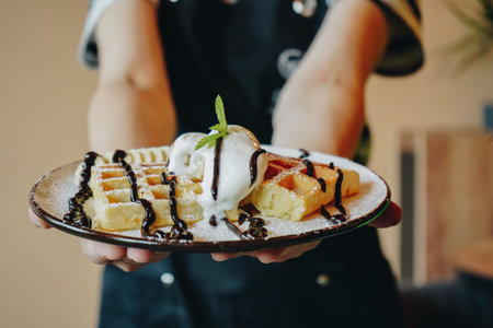 Delicious dessert for tea time. Cooking process. Offering dessert. Belgian waffles with banana, ice cream and chocolate. Sweet dessert waffles. Girl holding waffle in hands. Served with ice cream.の写真素材