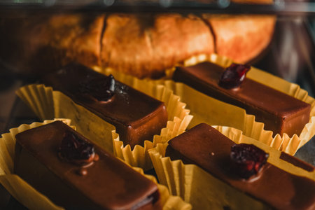 A display case with a variety of cakes and cupcakes. Chocolate desserts with cherry on the top. The cakes are arranged in a row, with some of them being chocolate.の写真素材