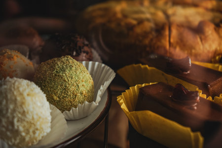 A view of a display of assorted European pastries,inside a bakery shop. Delicious variety of cakes and pastries at cafe. Dessert in the form of round balls of different colors in display case.の写真素材