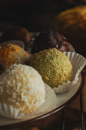Delicious variety of cakes and pastries at cafe. Dessert in the form of round balls of different colors in display case. A view of a display of assorted European pastries,inside a bakery shop.の写真素材