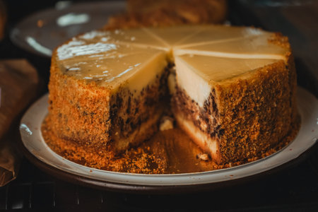 Cheesecake with brownie inside. Various types of mini desserts in a display case. Modern bakery or patisserie.の写真素材