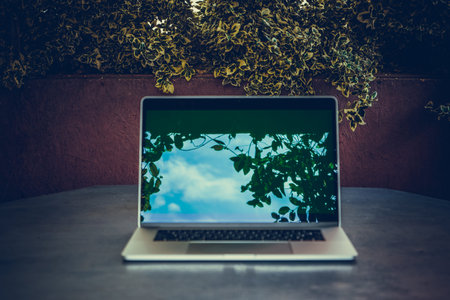 Open laptop with green screen on table background of nature. Working space outdoors with amazing...