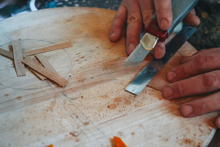 Process of making candle in a workshop. Master makes candles. Handmade soy candles with mica and wooden wick. Vegan product without animal cruelty.の写真素材