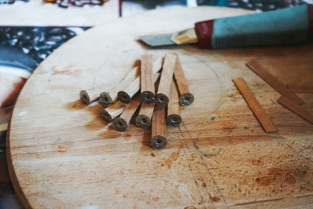 Vegan product without animal cruelty. Process of making candle in a workshop. Master makes candles at manufacture. Handmade soy candles with mica and wooden wick.の写真素材