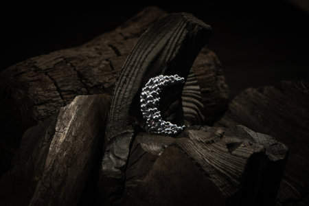 photo of jewellery. a metal product in the shape of a crescent on a wood background. as a concept of combining space and natureの写真素材