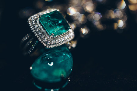 Emeralds close-up in jewelry. Beautiful ring of earrings with green Emerald and Diamonds gemstones. Luxury female jewelry, on a black background close-upの写真素材