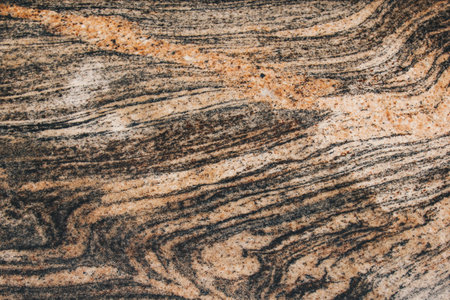 Stone features various shades of brown and beige with some lighter and darker swirls, circles, lines creating abstract. Surface displaying intricate natural patterns.の写真素材