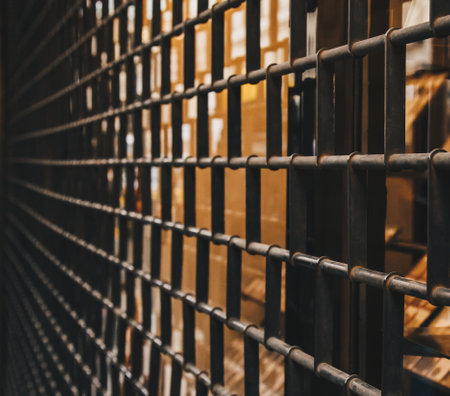 Vienna, Austria - May 12, 2019 Close-up shot of metal grating associated with prison bars. Vertical metal bars create a sense of closure and isolation. Photo of coldness and hopelessness situation.の写真素材