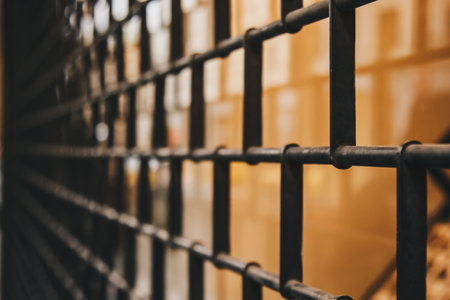 Vienna, Austria - May 12, 2019 Vertical metal bars create a sense of closure and isolation. Photo of coldness and hopelessness situation. Close-up shot of metal grating associated with prison bars.の写真素材