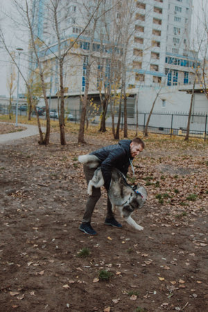 Animal-human interaction as a concept of psychology. A man holds a large dog in his arms. Dog training by teams. A man touches a dog.の写真素材
