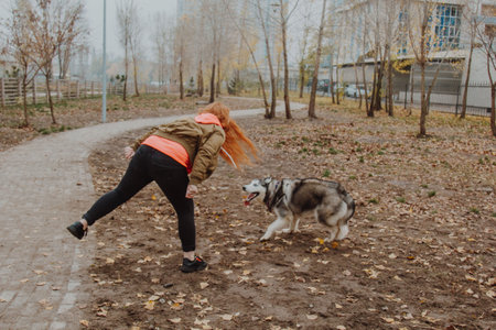 A girl runs with a husky. A woman with a husky is running on a track. Autumn park with fallen leaves.の写真素材