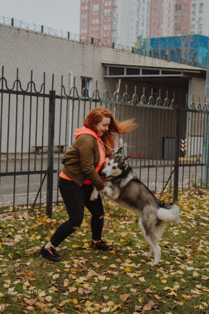 A young girl with long red hair plays with a husky dog. A woman walks her dog in the park.の写真素材