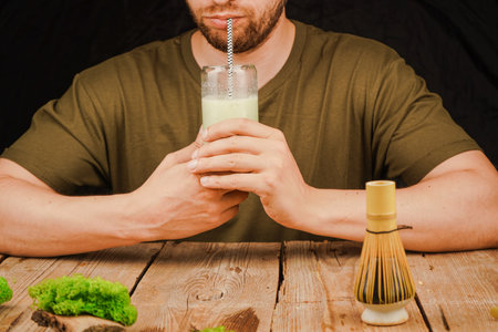 A thoughtful man enjoys a glass of creamy matcha latte with a bamboo whisk on a wooden table. Ideal for themes of mindfulness, wellness, and tea culture.の写真素材