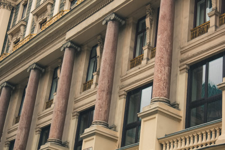Vienna, Austria - May 12, 2019: Building with vintage patterns on walls. Baroque exterior. Ancient architecture of residential buildings. European architecture of apartments.の写真素材
