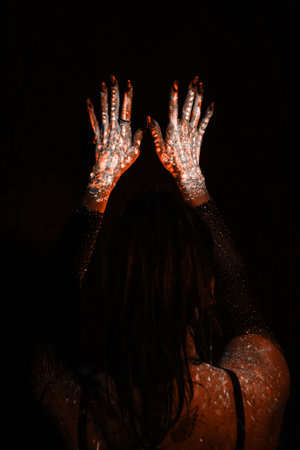 pantone palette. Modern psychedelic creative element with human palm for posters, banners, wallpapers. Two hands in pop art collage style in neon bold colors. Copy space for text. Magazine style. Zin culture.の写真素材