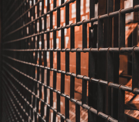Close-up shot of metal grating. Vertical metal bars create a sense of closure and isolation. Photo...