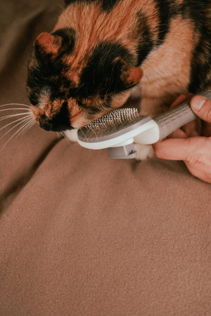 A tri-colored calico cat endures a brushing session with a mix of patience and unease. The soft strokes enhance the coats brilliance. Its wide eyes reveal its slight bewilderment at the procedure.の写真素材