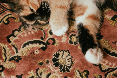A calico cat with orange, black, and white fur rests on a soft blanket. Sunlight highlights its unique colors, creating a warm atmosphere. Its playful tongue adds a quirky and adorable touch.の写真素材