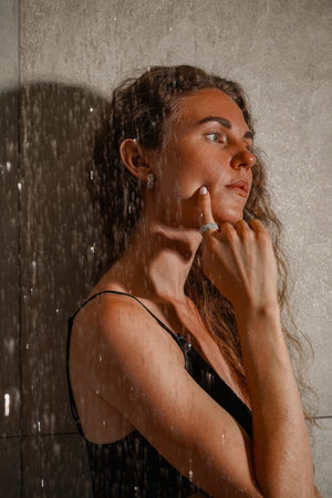 A young woman with long blond hair stands against a gray tiled wall in a shower room and drops of water. A pensive image of a girl in the shower.の写真素材