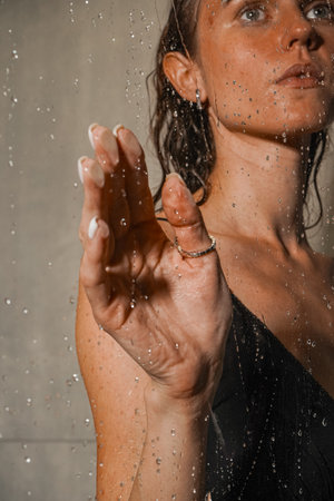A striking portrait of a woman with wet hair and glowing skin standing under running water behind a sliding door. The moment conveys freshness, confidence and natural beauty.の写真素材