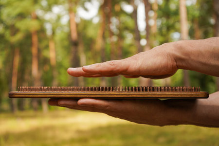 Awareness and rethinking over slight pain. A man holds a Sadhu board made of wood and nails in his...