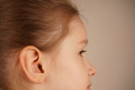 This close-up focuses on the girls ear, capturing the fine details of her auditory structure. The image offers a unique perspective, highlighting the elegant shape and texture of the ear.の写真素材