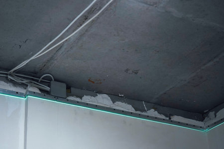 A handheld laser level projects a single green line onto the ceiling for precise alignment.