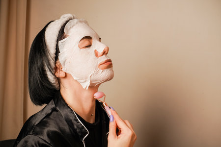 Sitting at a beauty table, a woman uses a sheet mask to moisturize her skin. Black silk pajamas add a touch of luxury. A woman uses a roller massager on her neck. Beauty treatments at home.の写真素材
