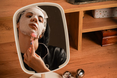 Wearing a headband and black silk pajamas, a woman takes care of her skin with a moisturizing mask....