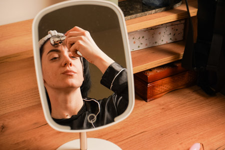 Girl with a headband holding her hair. Young woman doing anti-aging facial massage with a metal roller. Reflection of brunette during massage in table mirror.の写真素材