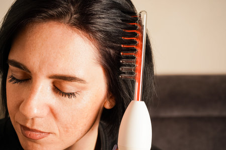 The image emphasizes self-care and modern tools. A woman uses a white handheld device on her head...